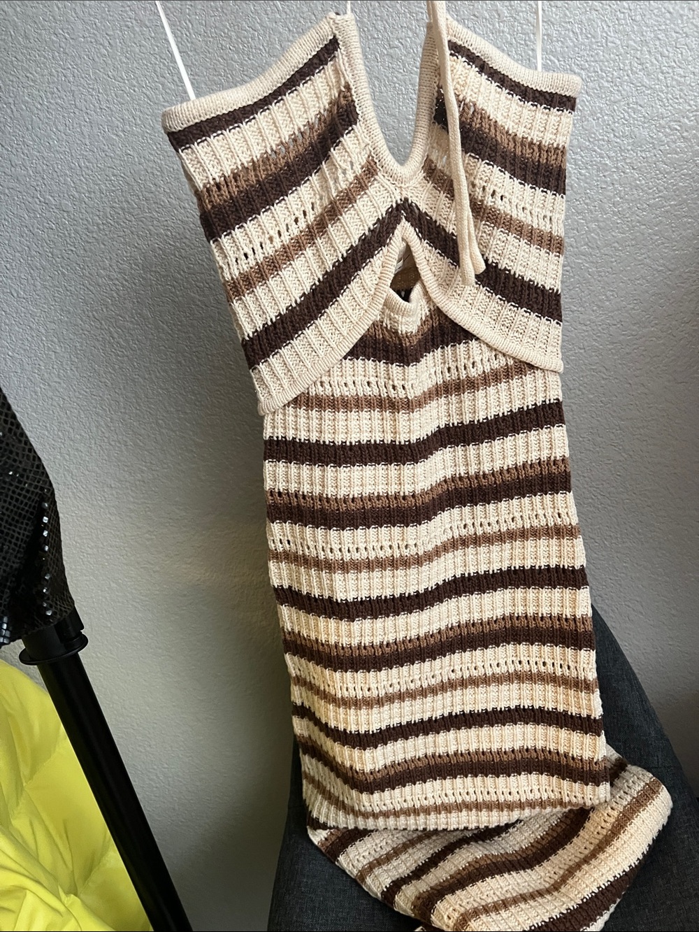 Striped Knit Halter Dress in Cream and Brown